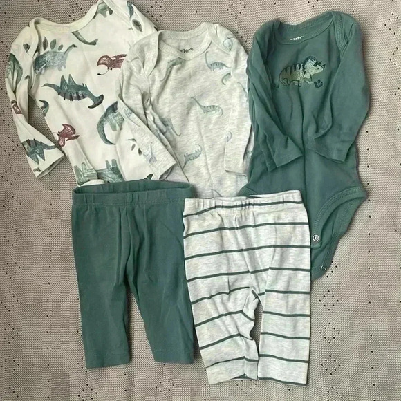 5 Piece Carter’s Dino Set - 3 Snap-up long sleeve onesies and 2 pants 🦕🦖 - Picture 1 of 2